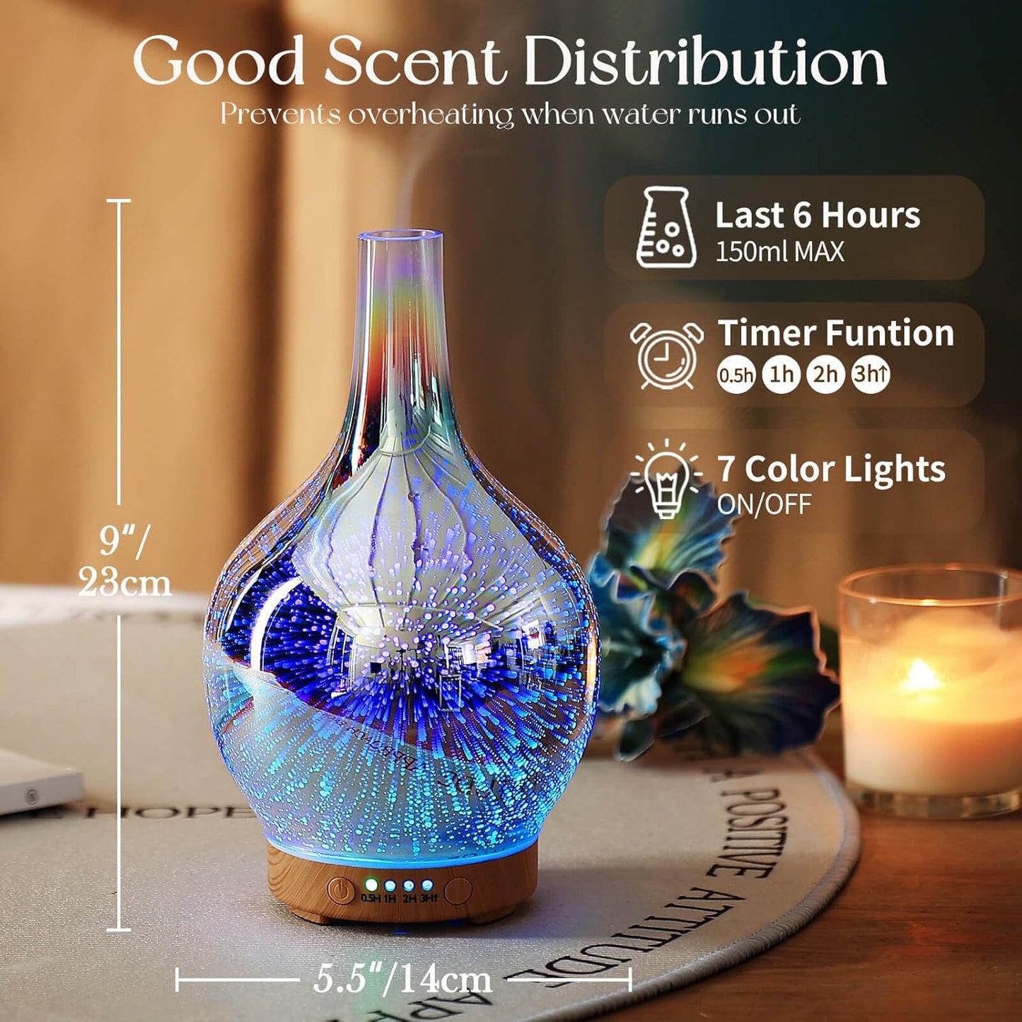 3D Essential Oil Diffuser Cool Mist Humidifier Ultrasonic Aromatherapy Diffuser,150Ml Last 6H,Auto Shut-Off,Air Refresh,Decoration for Home,Office,Yoga,Baby,Sleep